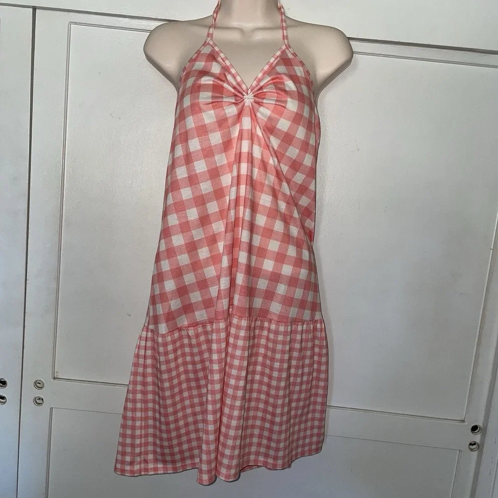 Cat Jack Girls Peach White Gingham Halter Sleepwear Dress XL 14-16 Flame‎ Resist